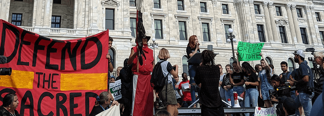 Students and supporters rally in front of the Minnesota state capitol