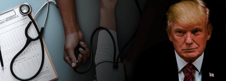 Trump overlayed on an image of a doctor taking a person's blood pressure
