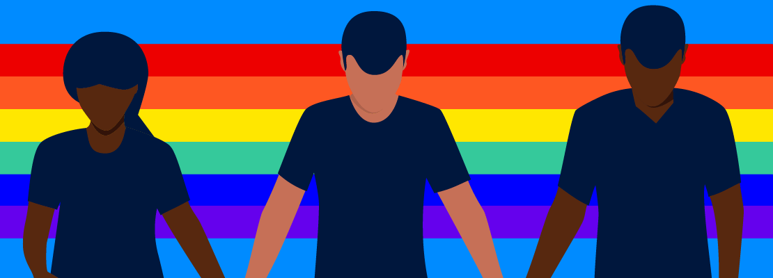 image of three young Black people holding hands with a rainbow flag in the background