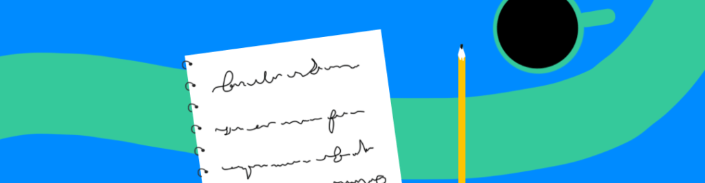 Illustration of a notebook page next to a pencil and a cup of coffee