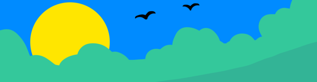 Illustration of the sun setting behind the trees with birds