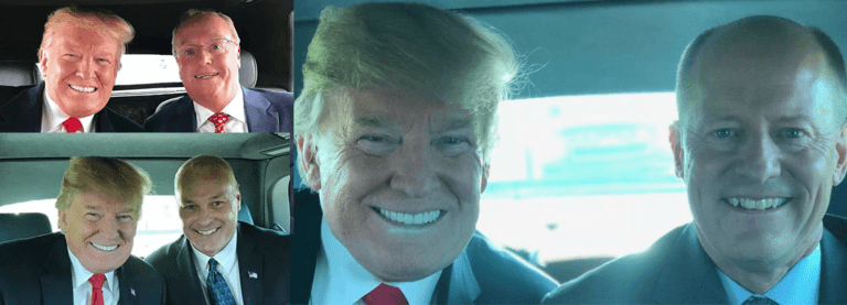 Images of Senator Paul Gazelka, Representative Jim Hagedorn, and Representative Pete Stauber in a car with Trump