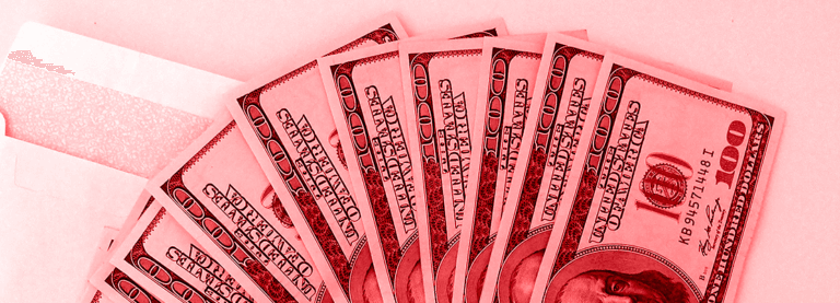 hundred dollar bills with a red overlay