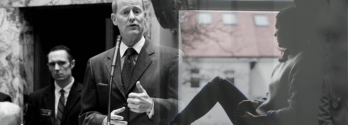 image of Senator Paul Gazelka superimposed on an image of a young person sitting in a window