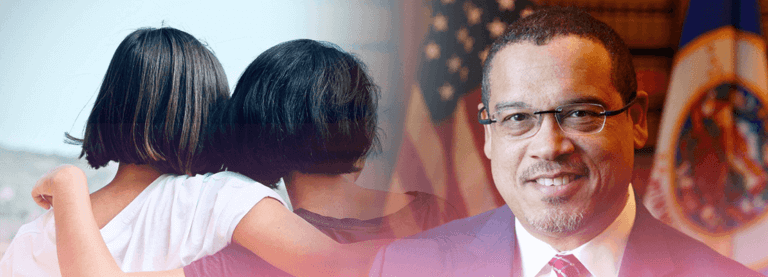 Headshot of Attorney General Keith Ellison and an image of two young people in an embrace