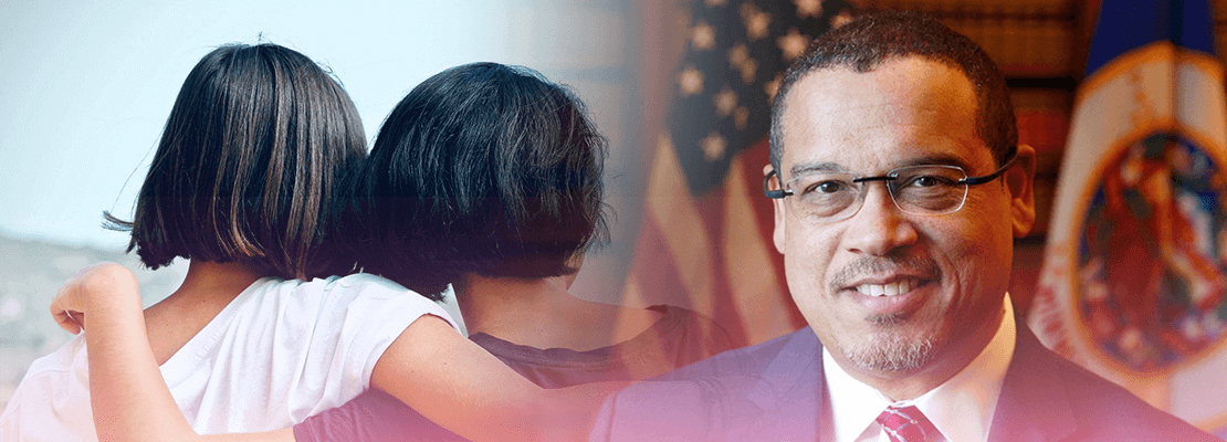 Headshot of Attorney General Keith Ellison and an image of two young people in an embrace