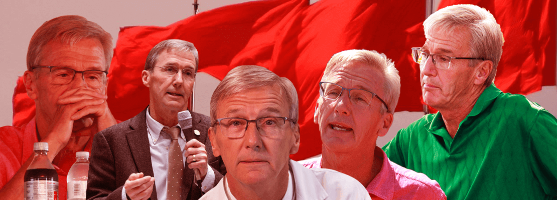 5 images of Scott Jensen overlayed on 4 red flags