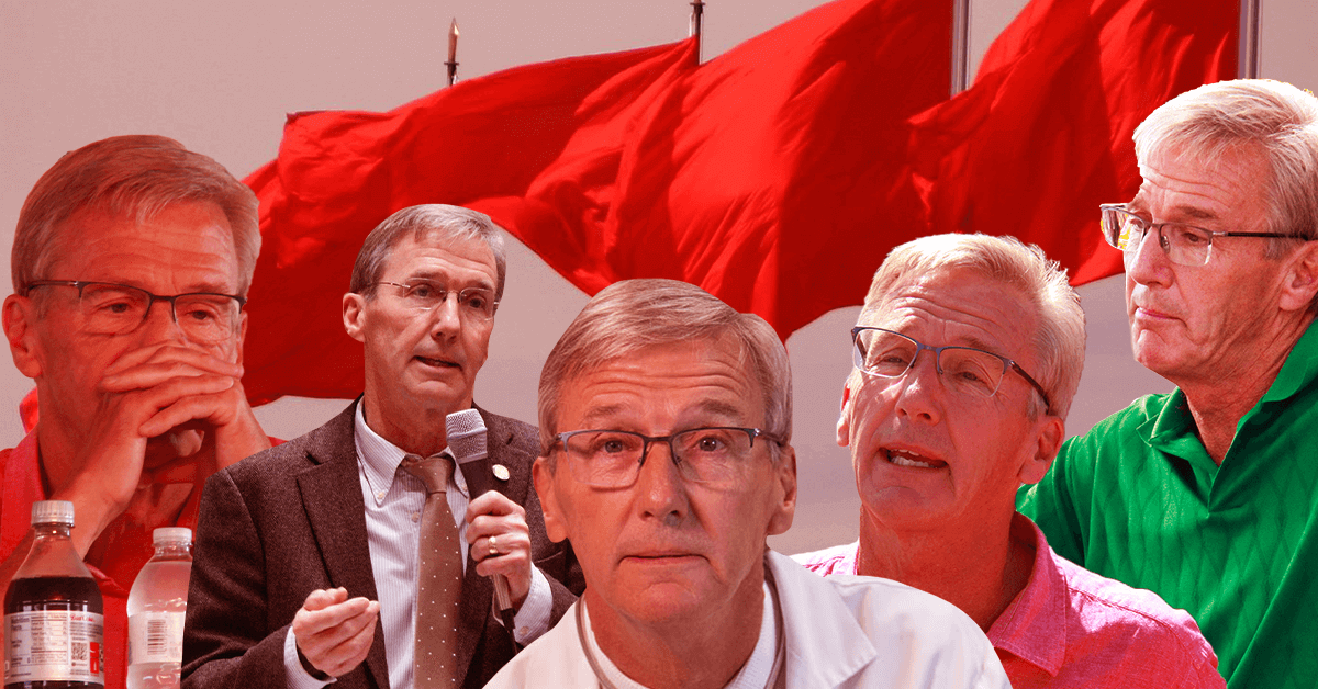 5 images of Scott Jensen overlayed on 4 red flags