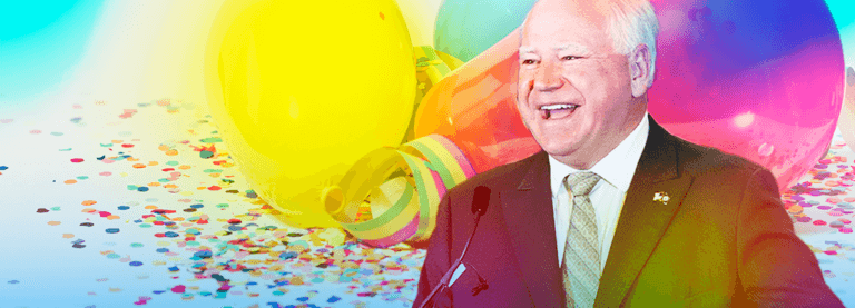 Governor Tim Walz standing at a podium with huge balloons added in behind him.