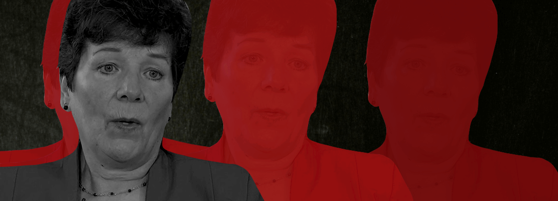 Black and white image of Peggy Bennett with a red and black silhouette background.