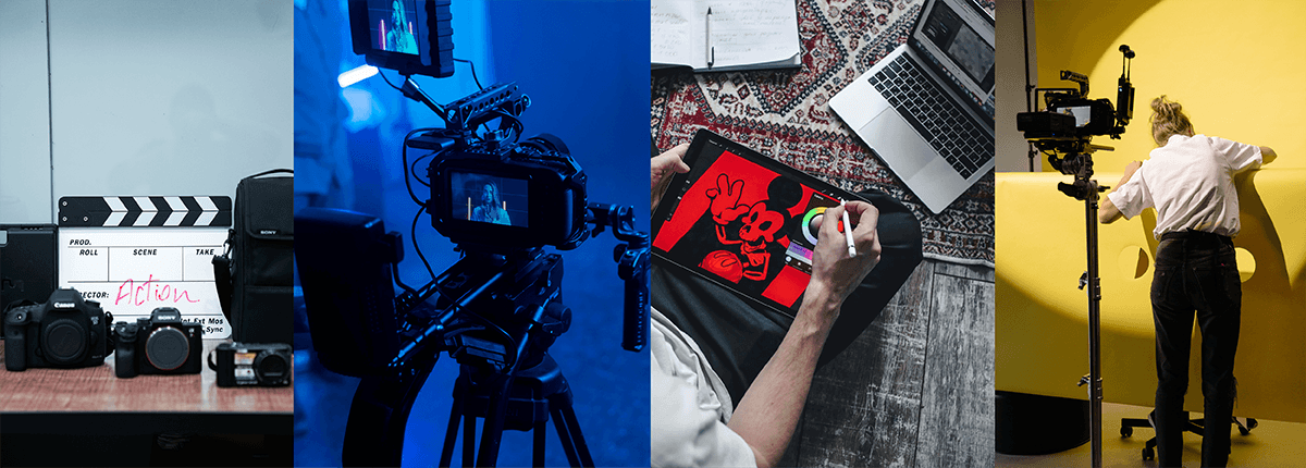 Collage showing video production, photography, digital design, and multimedia content creation.